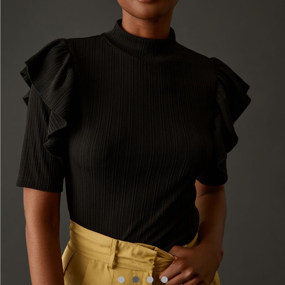 Anthropologie Ruffled Black Mock Neck Top Size Small by Dolan